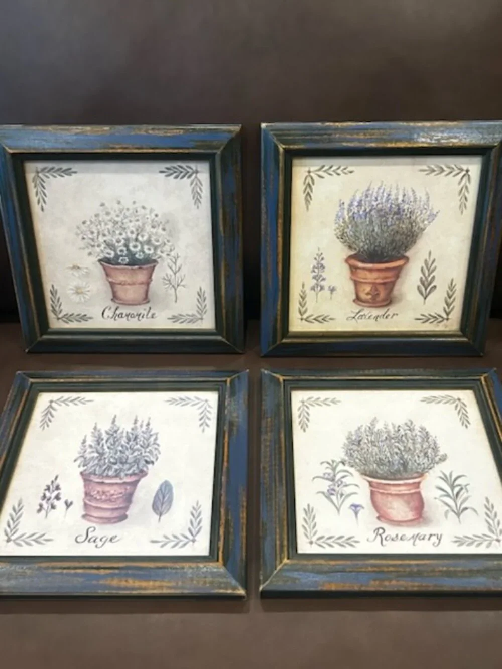 Set of 4 Vintage Watercolor French Country Herb Botanical Framed Prints